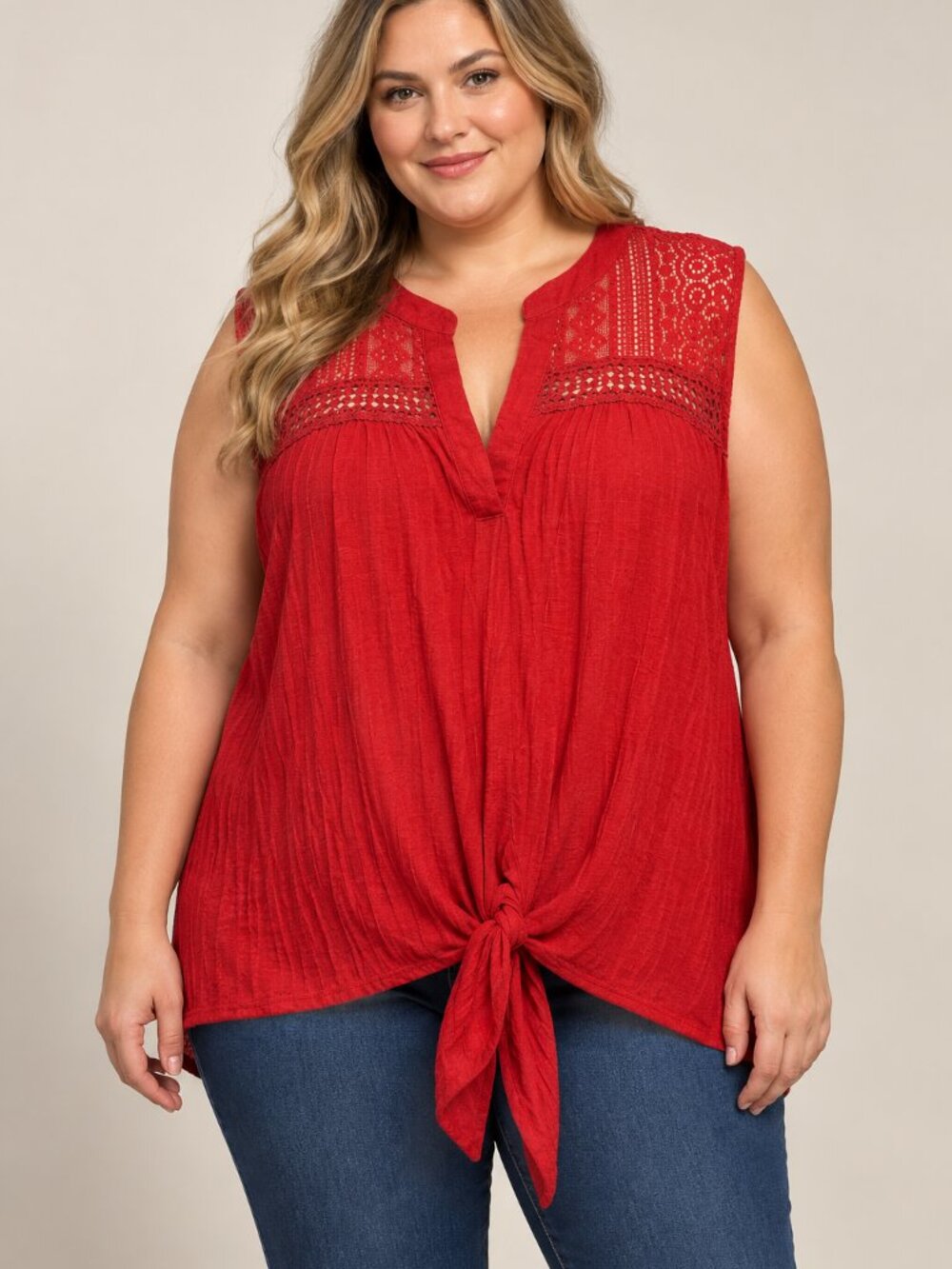 Signature Studio Plus 3X Red Lace Crochet Tie Front Boho Sleeveless Blouse